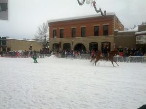 horse pulling a child on skis down a street in front of a crowd